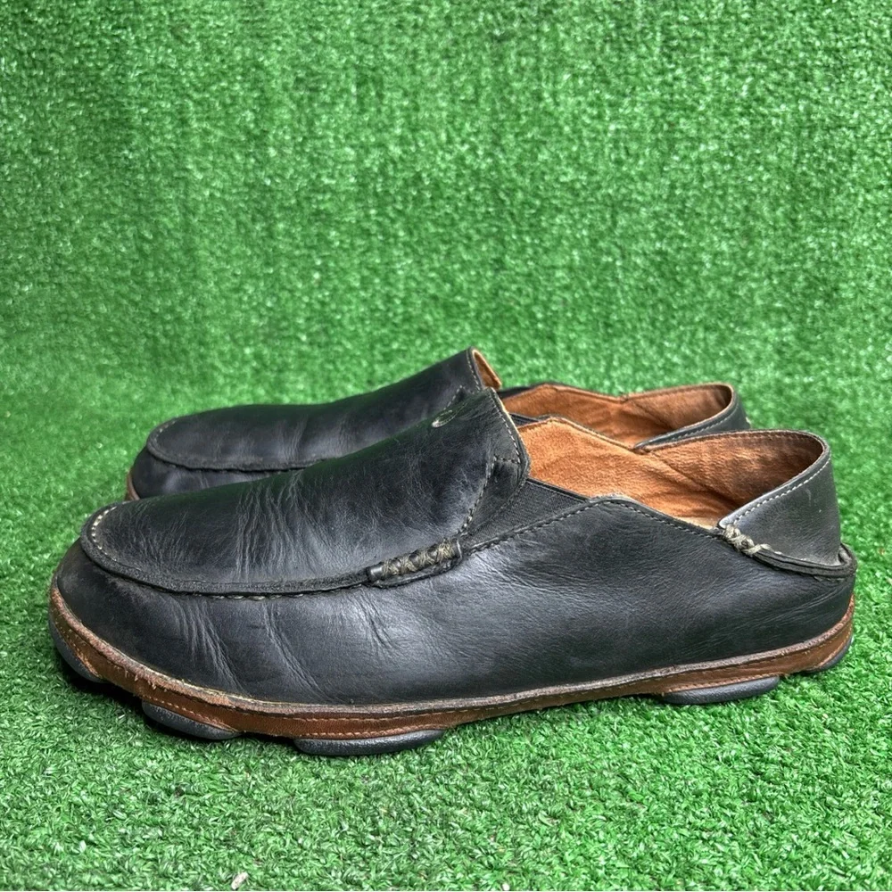 OluKai Men's Moloa Black / Toffee Leather Comfort Slip On Shoes Size‎ 10